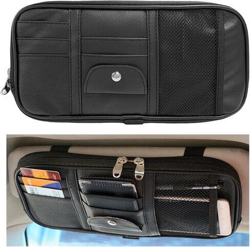 Car Sun Visor Organizer, Double Zipper Leather Visor Storage Pouch with Multi-Pocket, Sunglass Holder Storage Pocket with Elastic Band for Cars SUVs Trucks, Car Accessories (Gray) in Saudi Arabia