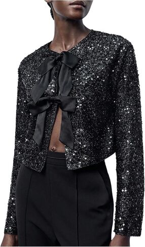 Wdirara Women's Sequin Bow Knot Crot Jacket Glitter Parklling Party Wear in Kuwait