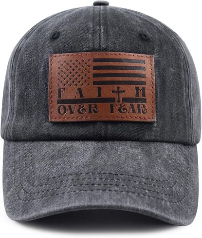 Christian Faith Over Fear Cross American Flag Hat for Men Women, Funny Adjustable Leather Patch Jesus Religious Baseball Cap in Saudi Arabia