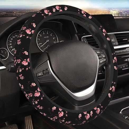 Nice Cherry Blossom Black Steering Wheel Cover 15 Inch Car Truck SUV Universal Steering Wheel Cover Durable Protector Car Accessories in Saudi Arabia