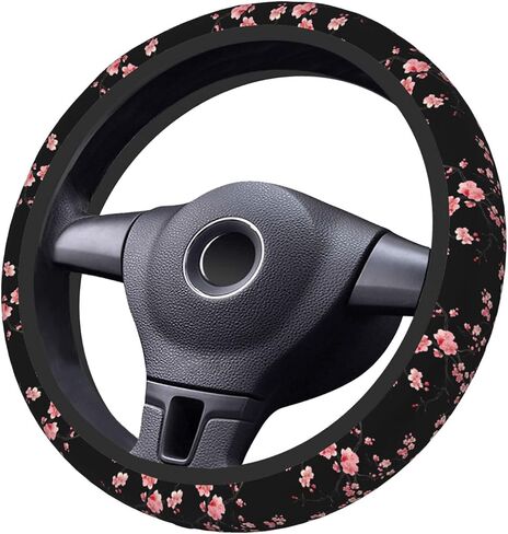 Nice Cherry Blossom Black Steering Wheel Cover 15 Inch Car Truck SUV Universal Steering Wheel Cover Durable Protector Car Accessories in Saudi Arabia