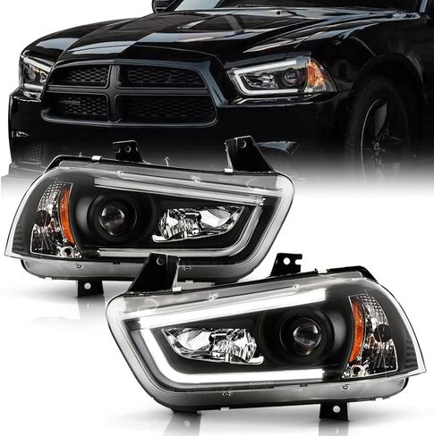 ACANII - For [Halogen Model] 2011-2014 Dodge Charger LED DRL Tube Black Housing Projector Headlights Headlamps Assembly in Saudi Arabia
