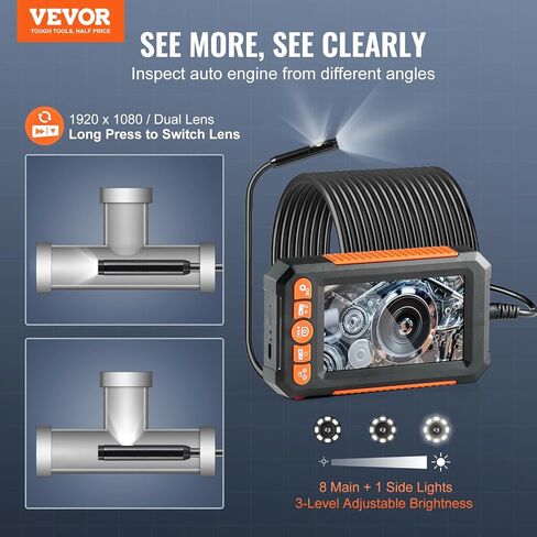 VEVOR Borescope Triple Lens Endoscope Camera with Light, 4.5" Screen 1080P Inspection Camera with 10 LED Light, IP67 Waterproof Drain Snake Camera for Auto, Plumbing(16.5FT Cable, 32GB Card) in Kuwait