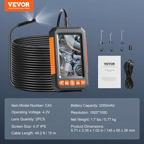 VEVOR Borescope Triple Lens Endoscope Camera with Light, 4.5" Screen 1080P Inspection Camera with 10 LED Light, IP67 Waterproof Drain Snake Camera for Auto, Plumbing(16.5FT Cable, 32GB Card) in Kuwait