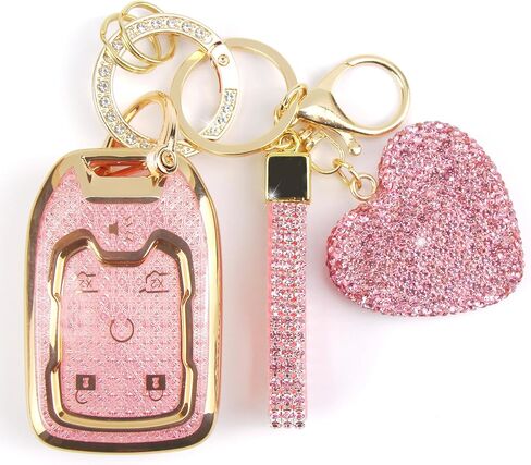 Fit for Chevy GMC Yukon/Yukon XL Key Fob Cover with Diamond Keychain, Compatible with Chevy Chevrolet Terrain Acadia Sierra Suburban Tahoe Smart Key Protector for Women (6 Buttons-Pink) in Saudi Arabia