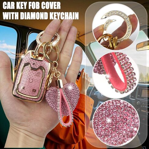 Fit for Chevy GMC Yukon/Yukon XL Key Fob Cover with Diamond Keychain, Compatible with Chevy Chevrolet Terrain Acadia Sierra Suburban Tahoe Smart Key Protector for Women (6 Buttons-Pink) in Saudi Arabia