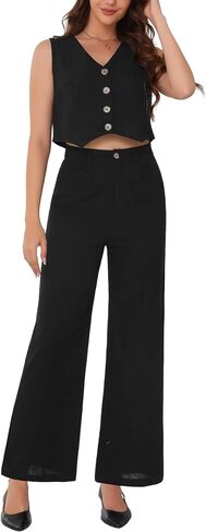 Allegra K Summer Two Piece Sets for Women Linen Crop Vest Wide Leg Pant Suits Dressy Casual Outfits in Saudi Arabia