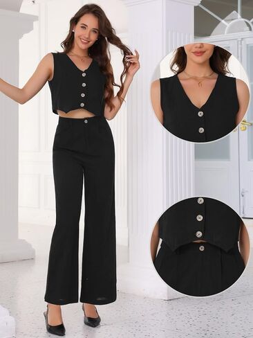 Allegra K Summer Two Piece Sets for Women Linen Crop Vest Wide Leg Pant Suits Dressy Casual Outfits in Saudi Arabia