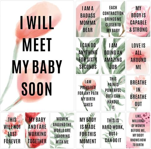 16 Birth Affirmation Cards - 4 x 6-inch Greenery Affirmation Cards for Women - Premium Positive Hypnobirthing Mantra Cards for Laboring Mother Deck for Pregnant Moms, Baby Shower Gifts and Labor in Kuwait