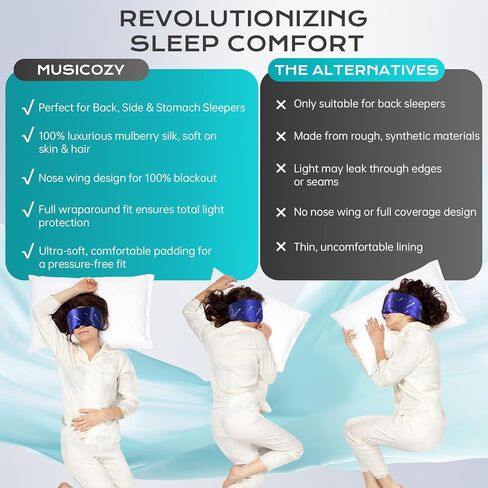MUSICOZY Silk Sleep Mask for Women Men, Ultra-Soft Mulberry Silk Eye Mask with Adjustable Velcro Strap, Breathable Sleep Mask for Total Darkness, Perfect for Travel, Naps & Nighttime Rest in Kuwait