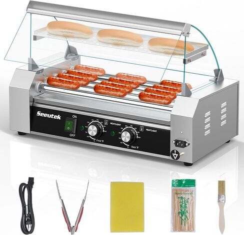 Seeutek Hot Dog Roller Machine, 7 Stainless Steel Hot Dog Rollers with Mesh Rack, Dust Cover, Oil Pan, Dual Temp Control and LED Light, 18 Hotdogs Electric Hotdog Grill Cooker Commercial Grade in Saudi Arabia