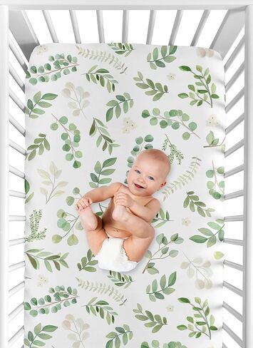Sweet Jojo Designs Floral Leaf Girl Fitted Crib Sheet Baby or Toddler Bed Nursery - Green and White Boho Watercolor Botanical Woodland Tropical Garden in Saudi Arabia