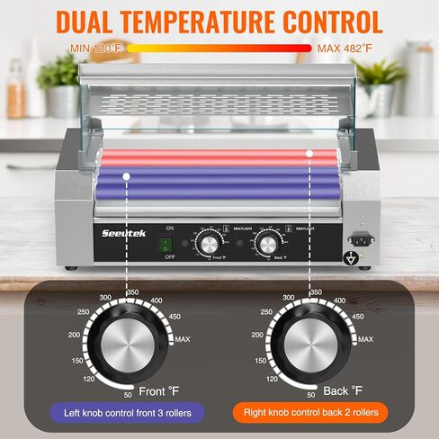 Seeutek Hot Dog Roller Machine, 7 Stainless Steel Hot Dog Rollers with Mesh Rack, Dust Cover, Oil Pan, Dual Temp Control and LED Light, 18 Hotdogs Electric Hotdog Grill Cooker Commercial Grade in Saudi Arabia