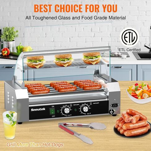 Seeutek Hot Dog Roller Machine, 7 Stainless Steel Hot Dog Rollers with Mesh Rack, Dust Cover, Oil Pan, Dual Temp Control and LED Light, 18 Hotdogs Electric Hotdog Grill Cooker Commercial Grade in Saudi Arabia