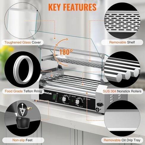 Seeutek Hot Dog Roller Machine, 7 Stainless Steel Hot Dog Rollers with Mesh Rack, Dust Cover, Oil Pan, Dual Temp Control and LED Light, 18 Hotdogs Electric Hotdog Grill Cooker Commercial Grade in Saudi Arabia