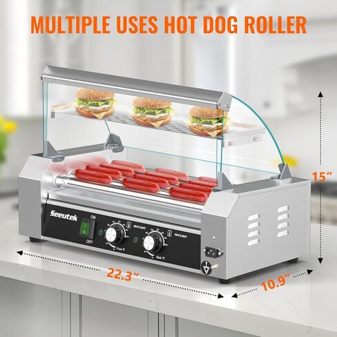 Seeutek Hot Dog Roller Machine, 7 Stainless Steel Hot Dog Rollers with Mesh Rack, Dust Cover, Oil Pan, Dual Temp Control and LED Light, 18 Hotdogs Electric Hotdog Grill Cooker Commercial Grade in Saudi Arabia