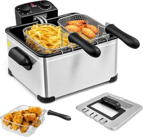 مقلاة كهربائية عميقة 5.3QT مع 3 سلال، مقلاة عميقة من الفولاذ المقاوم للصدأ SIMOE سعة 5 لتر مع مؤقت 60 وغطاء مع نافذة عرض، مقلاة زيت على سطح الطاولة المنزلية مع التحكم في درجة الحرارة للمطبخ، والحفلات، والبطاطس المقلية in Saudi Arabia