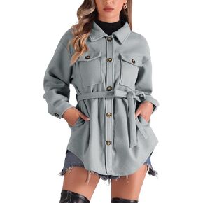 Allegra K Casual Shacket Jackets for Women's Long Sleeve Belted Button Down Fall Jacket Coat with Pockets