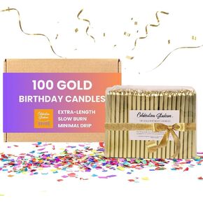 Tall Gold Birthday Candle Holders for Cake and Table Decorations, Perfect for Milestone Birthdays, Elegant Gold Birthday Candles, Ideal for Celebrations, 100 Pieces, 3.25 Inches