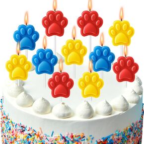 12 PCS Dog Paw Chandles Dog Patrol Cake Toppers Blue Yellow and Red Dog Paw Cake Topper for Paw Dright Decoration Dog Patrol Pet Puppy Cat Party Supplies
