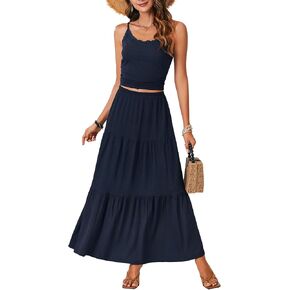 Vrtige Women's 2 Piece Outfits Spaghetti Strap Cami Crop Top and A Line Maxi Skirt Set