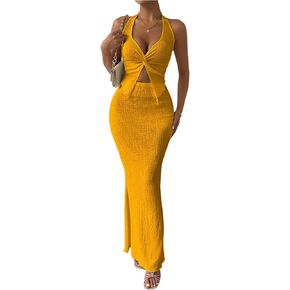 شينه نساء مثير 2 قطعة من قطعتين تويست الأمامي تقسيم الرسن المحصول أعلى ومجموعة تنورة bodycon maxi