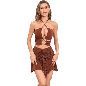 WDIRARA Women's 2 Piece Outfits Criss Cross Halter Ruched Front Top with Drawstring Ruffle Hem Mini Skirt