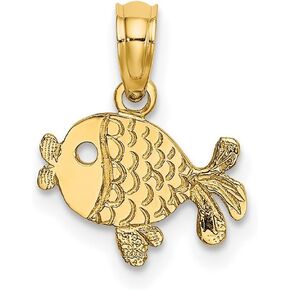 JewelryWeb 14K الذهب لعوب حيوان سولايف الأسماك مسطحة وسحر محفور 8.4x11.7mm عرض قلادة سميكة 0.6 مم للنساء