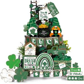 Wesiti 22 PCS Day St. Patrick's Tiered Tiered Tray Decorations Cute Farmhouse Ireland Lucky Clover Truck Wooden Table Sign