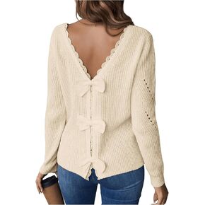 SOLY HUX Women's Sweaters Lace Bow Back Long Sleeve V Neck Pullover Casual Jumper Tops in Kuwait