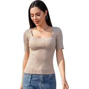 Women's Square Neck Ribbed Short Sleeve Sweater - Summer Lightweight Knit Top, Stretchy Slim Top (S/XL)