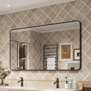 Black Framed Mirrors for Bathroom,40 x 30 Inch Rounded Conner Rectangle Mirror for Wall, Matte Black Vanity Mirror with Tempered Glass,Anti-Rust,Hangs Horizontally or Vertically