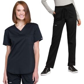 مجموعة شيروكي فرك للنساء v -neck قابلين للتثبت أعلى ww657 مع منتصف الساق مدبب الساق Scrub Pant WW105 ، أسود - XL TOP/XL PANT