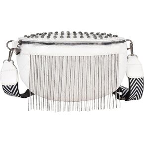Minache Women Girls Rivet Metal Tassel Faux Leather Fanny Pack Waist Bag Chest Bag Crossbody Shoulder Bag