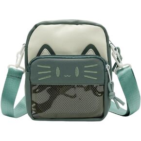 Ita Bag Ita Backpack Small Single Shoulder Bag Crossbody Bag Cute Embroidered Cat Handbag and Purse (Green)