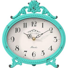 Abdurey Vintage Table Clock on Stand,Desk and Shelf Decorative Clock,French Rustic Style Mantel Clocks,Metal Frame Antique Turquoise Finish,Farmhouse,Bedroom, Bedside,Living Room,Gift Clocks
