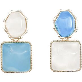 Asymmetrical Earrings, Square Resin Earrings, Blue and White