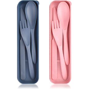 Travel Utensil Set with Case, 2 Sets Forks Spoons and Knives Set, Wheat Straw Reusable Plastic Utensils, Portable Cutlery Set, BPA Free Lunch Box Utensils Set for Work, Dorm, Camping (Pink, Blue) in Kuwait