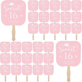 Geelin 50 PCS Sweet 16 Birthday Party Favors Pink 16 Fans Handheld Thanks Thank You Paper مع مقبض خشبي للضيوف Sweet 16 عيد ميلاد هدايا تذكارية ذات طابع تذكاري للحفلات