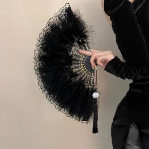 AUOCATTAIL Black Gold Edge Feather Fan Vintage Lace Style Folding Hand Fan for Wedding Costume Dancing Party Favor Decoration