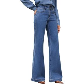 EVALESS Womens Jeans High Waisted Wide Leg Stretchy Baggy Denim Pants with Dual-Button Closure