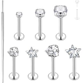 Top Push in Threadless 316L Surgical Steel Flat Back Stud for Nose Heart,Round,Star CZ Lip Stud Bone Studs Nose Piercing Jewelry for Women Men