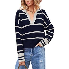 Xuan2XUAN3 يسقط النساء سترات سحب كبيرة الحجم 2024 Stripe Collared v الرقبة مكتنزة شتاء متماسكة قمم الطائر