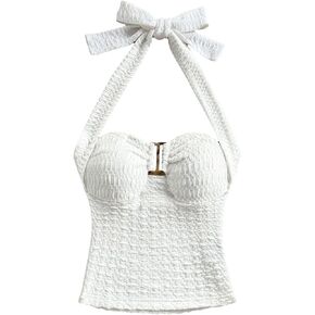 Milumia Women's Halter Top Ribbed Backless Ring Decor Knit Summer Going Out Tube Tops in Kuwait