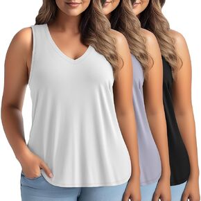 3 Pack Women's Plus Size V Neck Tank Tops Sleeveless Loose Fit Summer Tees Casual Trendy Basic T-Shirts Flat Hem in Kuwait