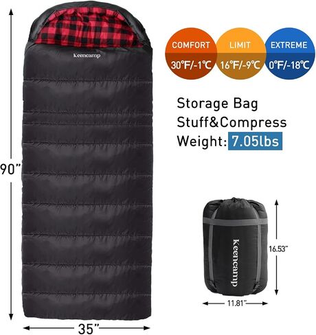 Keencamp 0 Degree Sleeping Bag Cotton Flannel Winter Cold Weather for Adults XXL Sleeping Bag 4 Season Big and Tall with Pillow Compression Sack in Kuwait