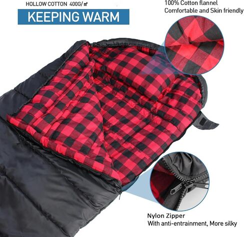 Keencamp 0 Degree Sleeping Bag Cotton Flannel Winter Cold Weather for Adults XXL Sleeping Bag 4 Season Big and Tall with Pillow Compression Sack in Kuwait