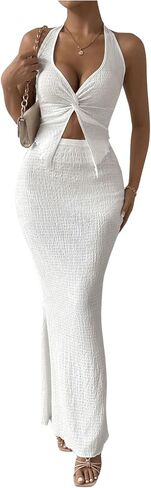 SHENHE Women's Sexy 2 Piece Outfits Twist Front Split Halter Crop Top and Bodycon Maxi Skirt Set in Saudi Arabia