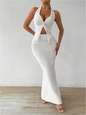 SHENHE Women's Sexy 2 Piece Outfits Twist Front Split Halter Crop Top and Bodycon Maxi Skirt Set in Saudi Arabia