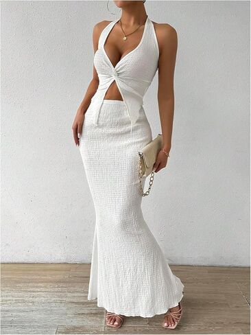 SHENHE Women's Sexy 2 Piece Outfits Twist Front Split Halter Crop Top and Bodycon Maxi Skirt Set in Saudi Arabia